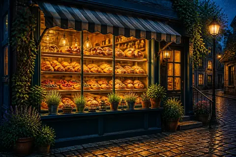 La vetrina illuminata di un piccolo forno di notte piena di pane e dolci