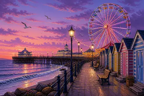 A big wheel covered in lights beside a seaside boardwalk at dusk