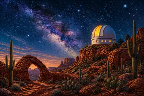 Valkoinen observatorion kupoli punaisella aavikkoharjanteella tähtitaivaan alla