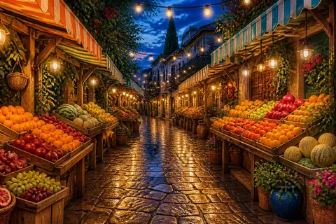 Wooden market stalls piled with fruit under strings of warm lights