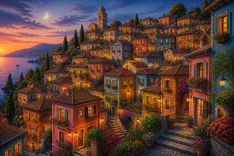 A steep hill town of colourful houses with lit windows and a bell tower