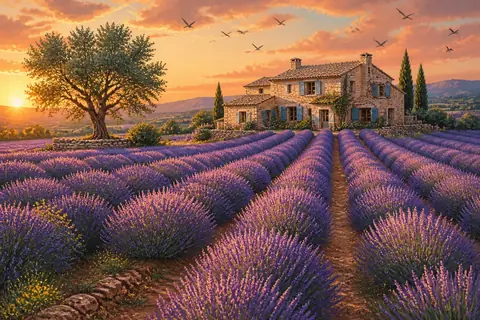 Filari di lavanda all'ora dorata che portano a una cascina di pietra