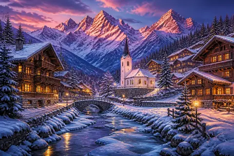 An alpine village at blue hour with chalets, a chapel and snowy peaks