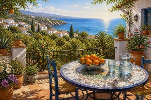 A sunny terrace with a tiled table, a bowl of oranges and the sea behind