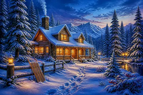 A timber cabin with glowing windows in deep snow among fir trees