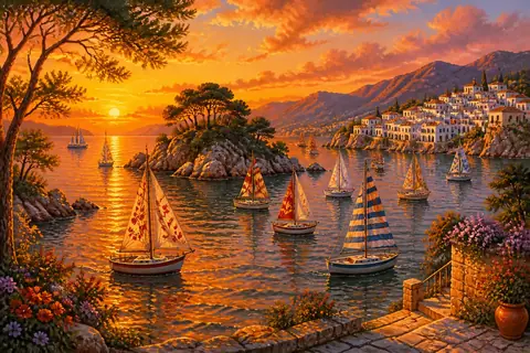 Piccole barche a vela con vele decorate su un mare dorato al tramonto